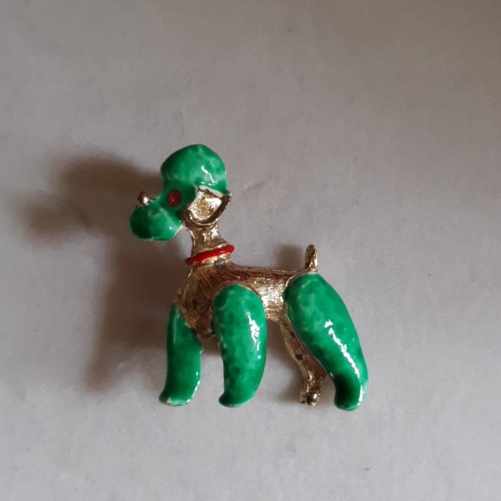 Vintage Japan Gold and Green Enamel Poodle Pin